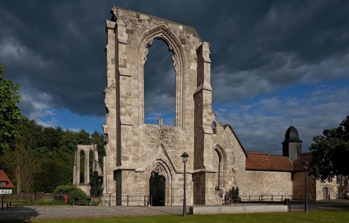 Walkenried Ruin of the monastery church West wall with portal and large window on the right Bell