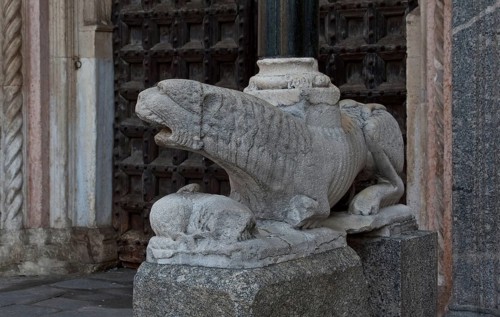 Italy Lodi 89771 Cathedral S Bassiano West portal right column lion 13th century