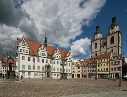 Luther city Wittenberg Market Square 6369 left Town Hall 16th century right Towers of the town