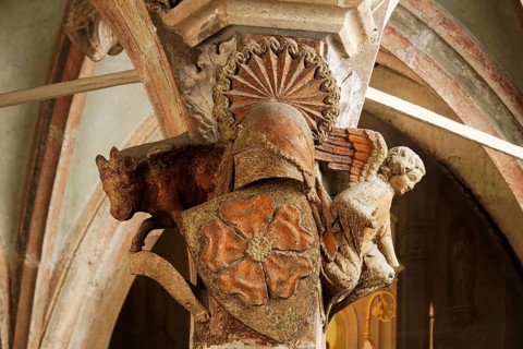 North aisle, Heinrich and Kunigunden altar around 1320Detail coat of arms, angel and bull, St., St