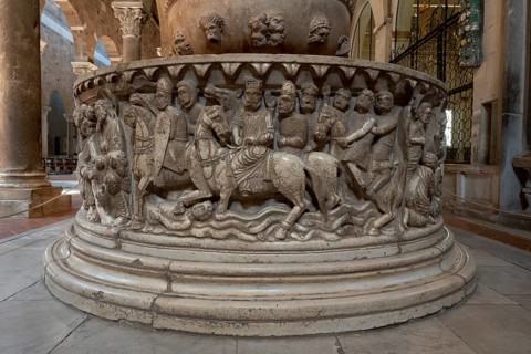 Lucca, San Frediano, north aisle, baptismal font, lower basin with scenes from the story of Moses: