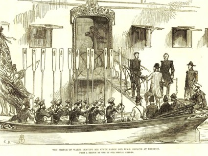 The Prince of Wales leaving his state Brage for HMS Serapis at Brindisi, Italy, Europe
