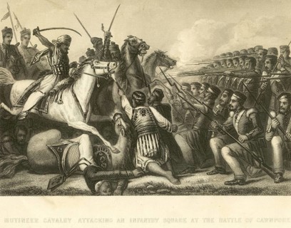 Military mutiny views mutineer cavalry attacking an Infantry Square at Battle of Cawanpore, Kanpur,