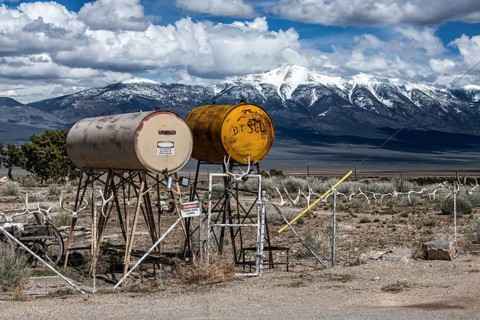 Truck stop with oil barrels and a fence of deer antlers, Highway 50, Loneliest Road in America,
