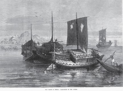 Travel and transport famine in Bengal grain boats on Ganges, India, Asia