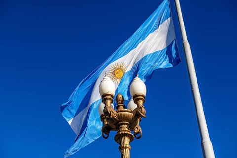 Argentine flag at the Plaza Mayor, Buenos Aires, Argentina, South America