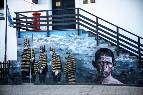 Mural with convicts from the Presidio prison, Ushuaia, Argentina, South America
