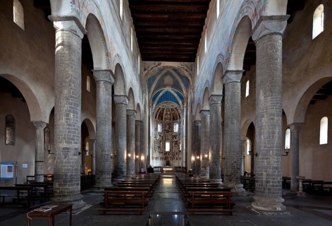 Italy Como Church of San Abbondio Interior facing east 12th century flat-roofed nave in the central