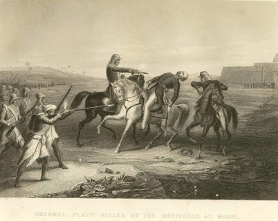 Military and munity mutiny views Colonel Platt Killed by the mutineers at Mhow, India, Asia
