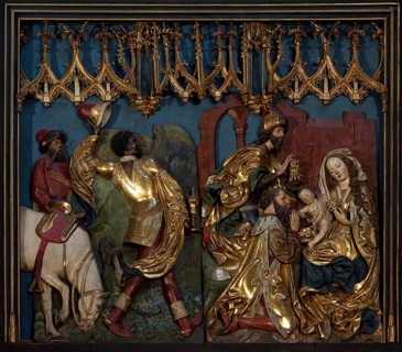 Main altar by Veit Stoß 1477-1489, lower left wing: Adoration of the Magi, St., Saint, Saint