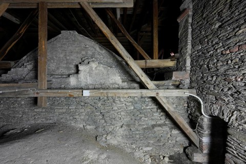 Above the choir vault, view from the east of the wall above the choir arch, Church of St., Church