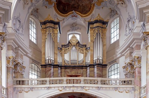 View to the east with the altar of grace and main organ. The Vierzehnheiligen Basilica near Bad