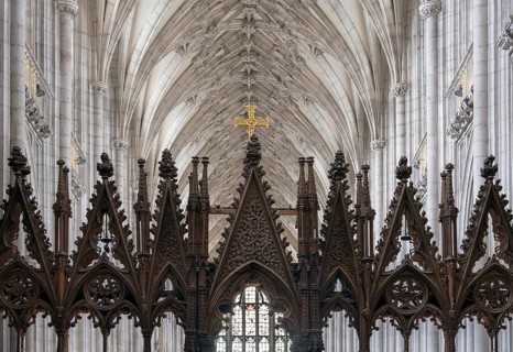 Winchester, Cathedral, view from the choir to the east with choir stalls, rood screen