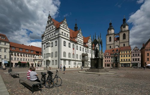 Luther city Wittenberg Market Square 6358 left Town Hall 16th century right Towers of the town