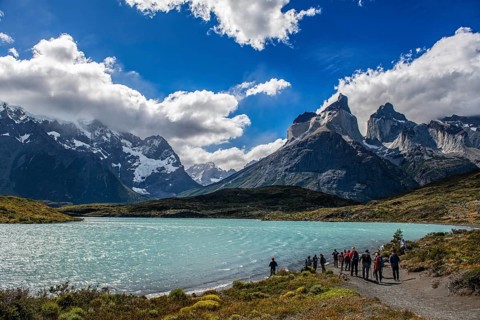 Trekker at Lago Nordenskjöld, Cuernos del Paine, Torres del Paine National Park, Patagonia, Chile,