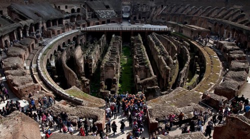 Interior with wall remains below the former arena