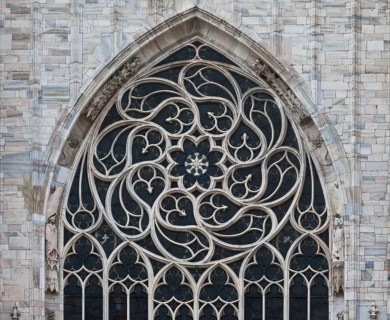 Built from 1386, choir north-east window from 1402, upper section width 11m, St., Sankt, Saint