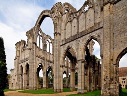 Cistercian abbey mid 13th century, church ruins, eastern transept wall and choir from south-west,