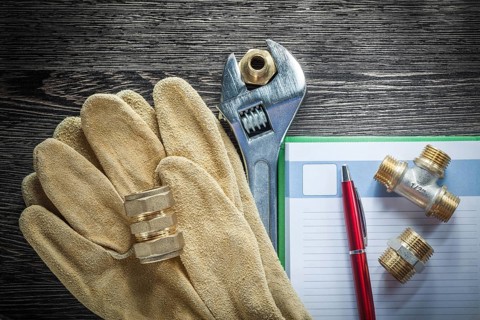 Adjustable tensioner threaded pipe connectors leather protective gloves notepad pen