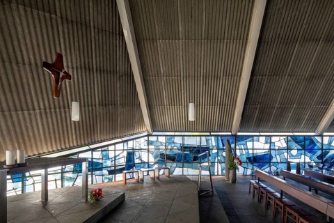 Krefeld, portable tent church St Hubertus, built in 1959 by Heinz Döhmen, stained glass windows by