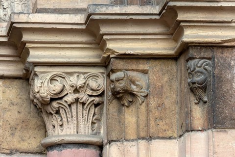 Mainz, St Martin's Cathedral, north side, market portal, detail of mask, bearded man, fantasy