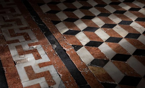 Italy Venice Zanipolo Church -291 coloured marble inlaid floor with ashlar pattern and swastika