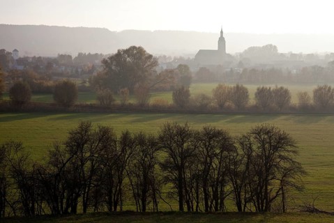 Laucha Unstrut 78229 View from north over the Unstrut floodplain to the town church St Mariä