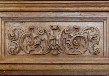 Jakobikirche, pews in the nave, carvings from the 17th century, masks, St., Sankt, Saint