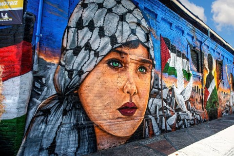 Graffiti art free Palestine in the Bellavista neighbourhood, Santiago de Chile, Chile, South