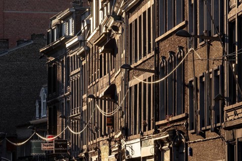 Liège, houses in the old town centre against the light