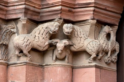 Mainz, St Martin's Cathedral, east choir, south portal, capital with lion, griffin and ram
