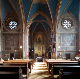 Built by Ernst Zwirner, view to the altar, in front stairs to the crypt, St., Sankt, Saint
