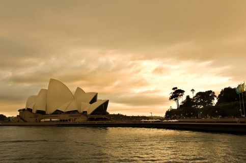 Sydney Opera Theatre at late evening with dramatic sky, Sydney, New South Wales, Australia, Oceania