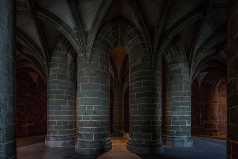 Mont-Saint-Michel, monastery mountain, crypt of the massive columns built in the middle of the 15th