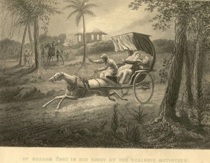 Military and munity mutiny views Dr Graham shot in buggy by sealkote mutineers, India, Asia