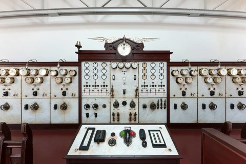 Turbine hall, control centre (control room) for controlling the generators, marble control panel