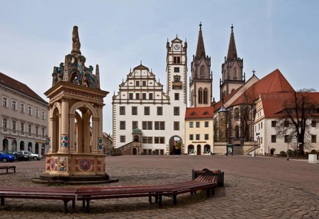 Oschatz Saxony Neumakt west side 75332 Fountain 1588 Town hall 1537 v B Krämer and again 1842 v G