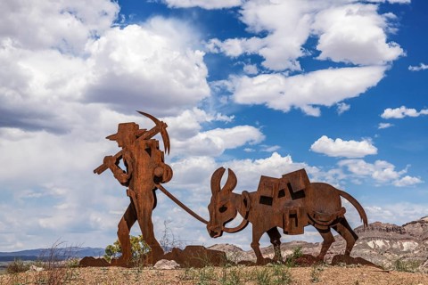 Gold miner's corten steel artwork, Beatty, Nevada, USA, North America