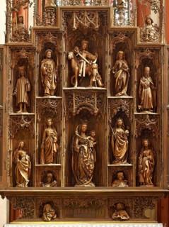 Carved altar, centre shrine, St., Saint, Saint