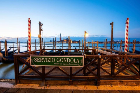 Morning atmosphere in front of sunrise, gondolas, Servizio Gondola, church of San Giorgio Maggiore