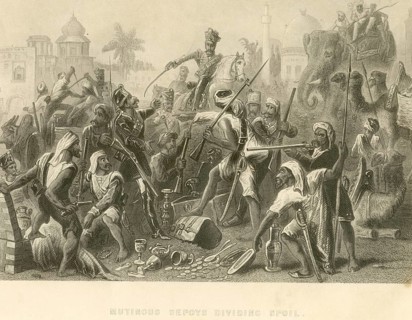 Military and munity mutiny views Mutinous Sepoys soldier diving spoil, India, Asia