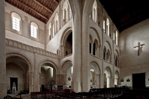 Cerisy-la-Forêt, Normandy, abbey church interior facing south-west with 18th century transept