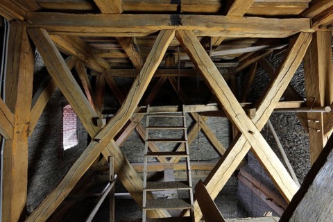 West tower, chair under the belfry, St Andrew's crosses with mortised and tenoned joints Church of