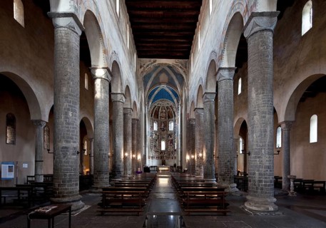 Italy Como Church of San Abbondio Interior facing east 12th century flat-roofed nave in the central
