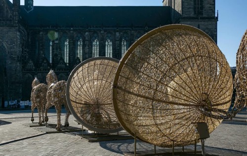 Magdeburg Cathedral Square 3564 modern light sculptures showing Otto von Guericke's Magdeburg
