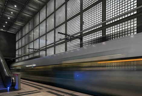 Leipzig, Wilhelm-Leuschner-Platz S-Bahn station with backlit glass blocks, built in 2005-2013 by
