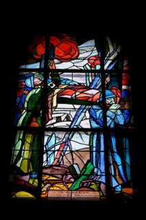 Stained glass window in the chapel in the ossuary at Douaumont, Verdun, Grand Est region, France,
