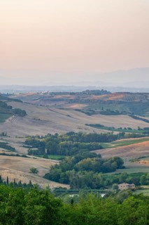 Hilly landscape in Tuscany, view from the upper city wall of Montepulciano, Tuscany, Italy, Europe