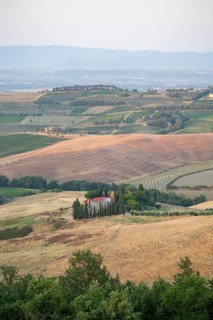 Hilly landscape in Tuscany, view from the upper city wall of Montepulciano, Tuscany, Italy, Europe