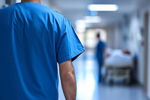 Close up of back view of male nurse in blue scrub in hospital corridor. Generative AI, AI generated